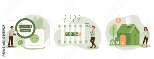 Sustainability vector set. Characters monitoring private electricity and central heating meter and calculating household utility bill. Home energy efficiency audit concept. consumption Costs increase