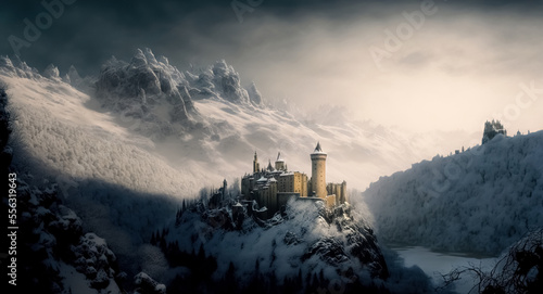 Fantasy background with mysterious medieval castle in snowy mountains. digital art 