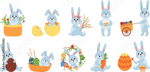 Cute easter baby bunny. Cartoon bunnies drawing, rabbit with egg and flowers. Holiday eggs hunt, kids festive spring or new year classy vector characters