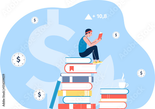 Intellectual and financial growth through self-study. Man reading book, guy sitting on books pile with coffee. Finance education vector concept