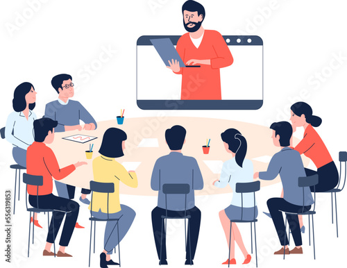 Online planning meeting with boss, morning office chat. Managers video call, remote work or web training. Business team at round desk vector scene
