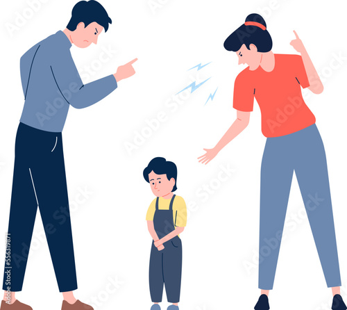 Child abuse in family. Parents violent on kid, scream mother and father. Alone boy and angry parents. Cartoon abusive couple recent vector scene