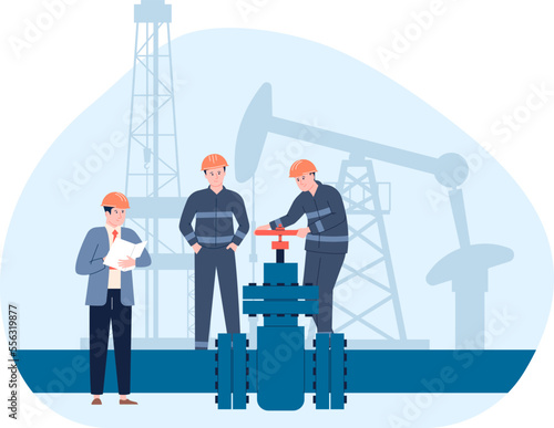 Oil gas pipeline concept. Flat petroleum gas workers and pump. Maintenance engineering, industrial engineer mechanic recent vector scene