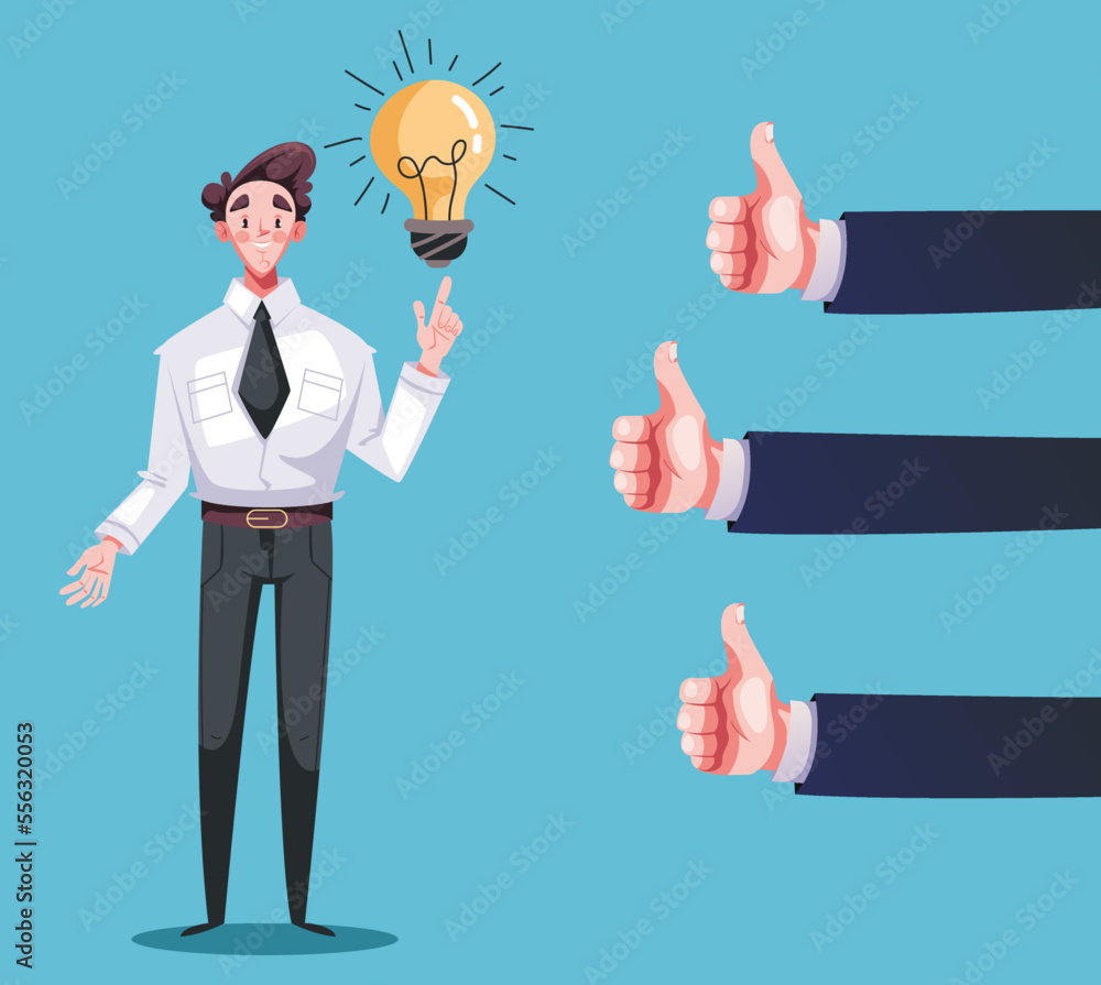 Office workers character having good idea with thumb up hand like button concept. Vector graphic design illustration element Office workers character having good idea with thumb up hand like button concept. Vector graphic design illustration element