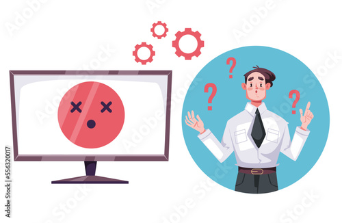People character with broken computer pc laptop concept. Vector graphic design illustration element