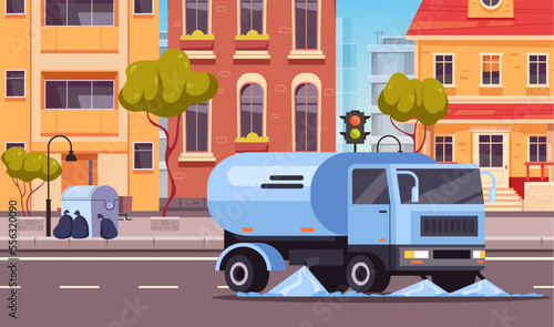 City town street cleaning garbage trash truck concept. Vector graphic design illustration element © PrettyVectors