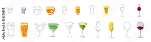Vodka whiskey rum tequila liquor beer vermouth martini champagne red wine glass on white background. Cartoon sketch graphic design. Flat style. Colored and black white hand drawn image. Party drink