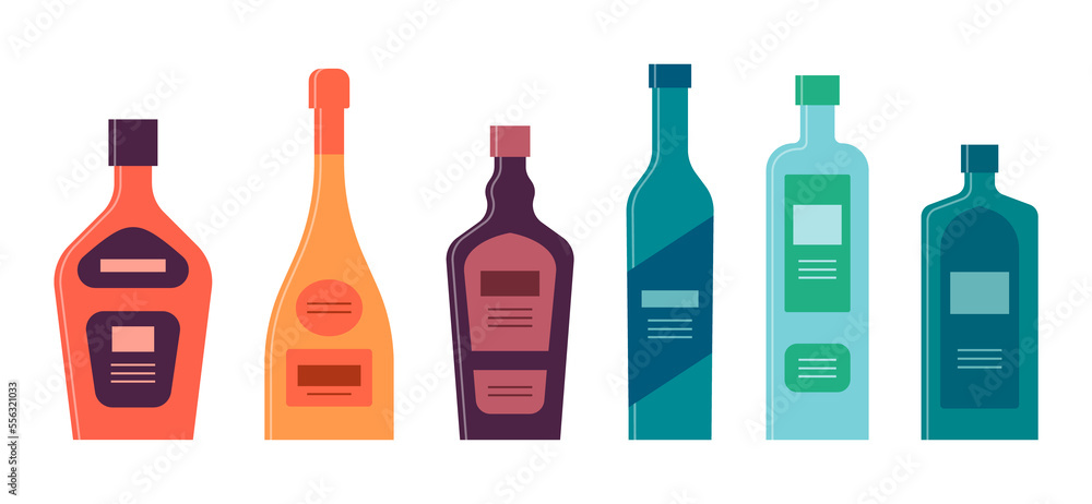 Bottle of liquor champagne tequila vodka shnapps gin. Graphic design for any purposes. Flat style. Color form. Party drink concept. Simple image shape Bottle of liquor champagne tequila vodka shnapps gin. Graphic design for any purposes. Flat style. Color form. Party drink concept. Simple image shape