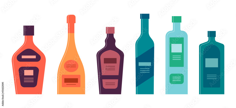 Bottle of liquor champagne tequila vodka shnapps gin. Graphic design for any purposes. Flat style. Color form. Party drink concept. Simple image shape Bottle of liquor champagne tequila vodka shnapps gin. Graphic design for any purposes. Flat style. Color form. Party drink concept. Simple image shape