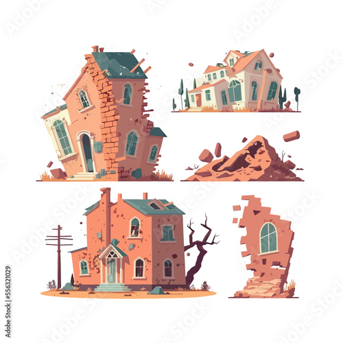 Broken ruined buildings, houses set. Isolated on background. Cartoon flat vector illustration