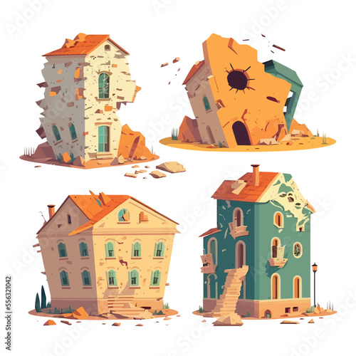 Broken ruined buildings, houses set. Isolated on background. Cartoon flat vector illustration