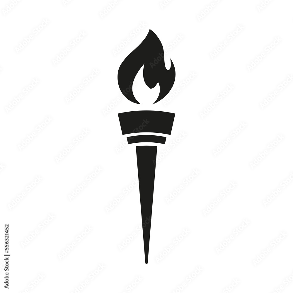 Vector icon of burning torch with flame in the form of black silhouette on white background.