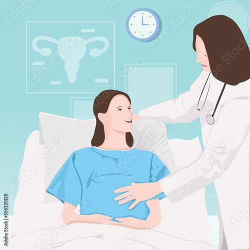 Pregnant Lady or Mother in Medical Consultation by Pregnancy Doctor with Obstetric Procedures for Scanner and Monitoring Baby Growth. Background Vector Illustration