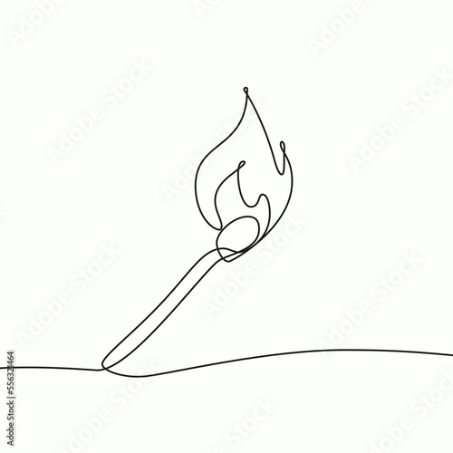 Burning match drawn by hand with a continuous line. Vector illustration of matchstick on in single line style.