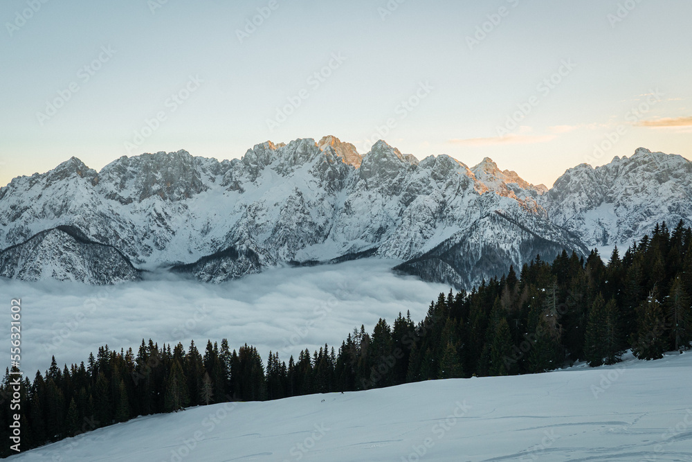 snow covered mountains, sunrise