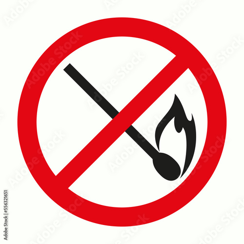 Vector icon forbidding open fire. The symbol of burning match in red crossed out circle.