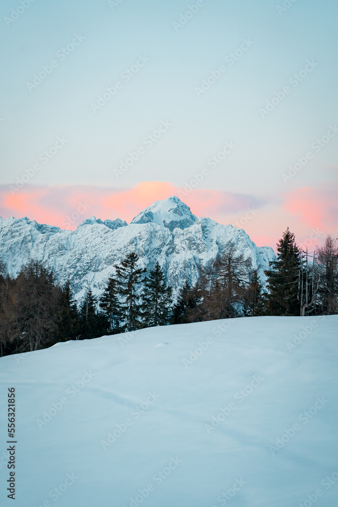 winter mountain landscape at sunset, pink clouds