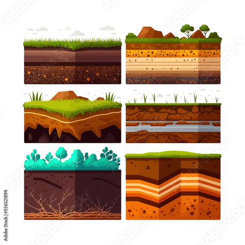 Seamless ground cross sections, underground textures set. Isolated on background. Cartoon flat vector illustration