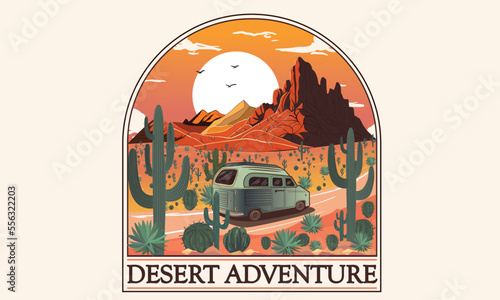 Cactus vector design. Sunset time at desert. Desert road trip by car. Arizona desert vibes t-shirt design. 