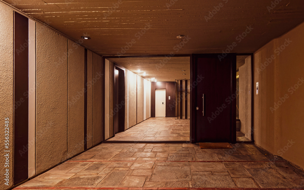 Fototapeta premium A modern residential building's entrance night view, Athens, Greece. Less is more..