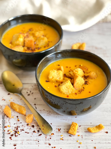 Butternut Squash Soup, with potatoes, onions, olive oil, croutons and red pepper. 