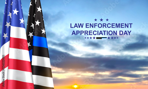 Thin Blue Line. American flag with police blue line on a background of sunset. Support of police and law enforcement. National Law Enforcement Appreciation Day. EPS10 vector