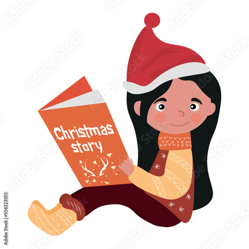 Cute little girl reading Christmas story on white background