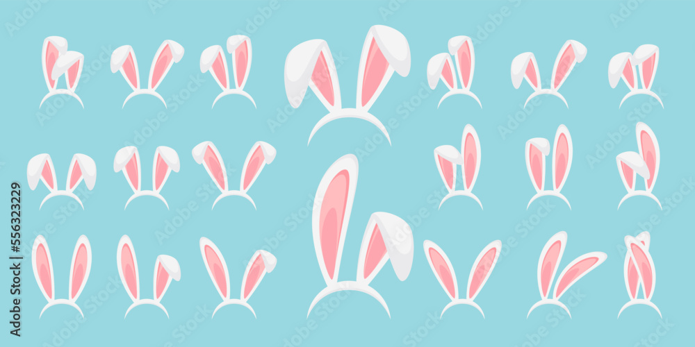 Easter bunny ears set isolated. White hare ears collection. Funny cartoon rabbit ears band for costume design vector illustration