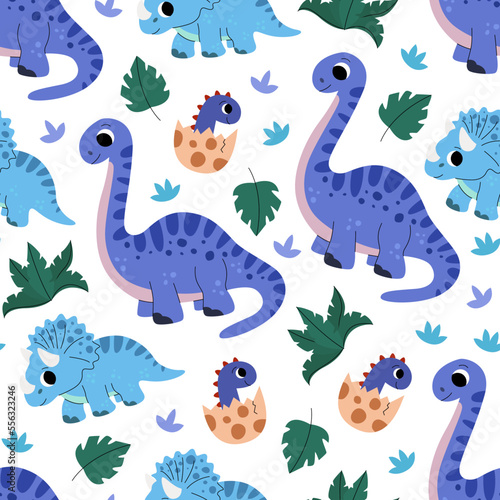 Pattern of cute baby jurassic dinosaurs  egg  palm leaf  grass for kids. Childish prehistoric dino paleontology. Brontosaurus  triceratops. Cartoon vector.