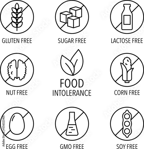 Set of isolated vector label icons for packaging design of food intolerance and diet food. No wheat. Gluten, sugar free, lactose intolerant