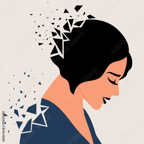 Vector illustration of a sad woman broken into many fragments which showing the mental health problems. Concept of depression, anxiety