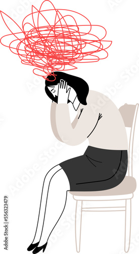 Woman mental health problems. Female patient stress and mind illness despair sadness concept, sad worry girl with head scribble lines isolated illustration