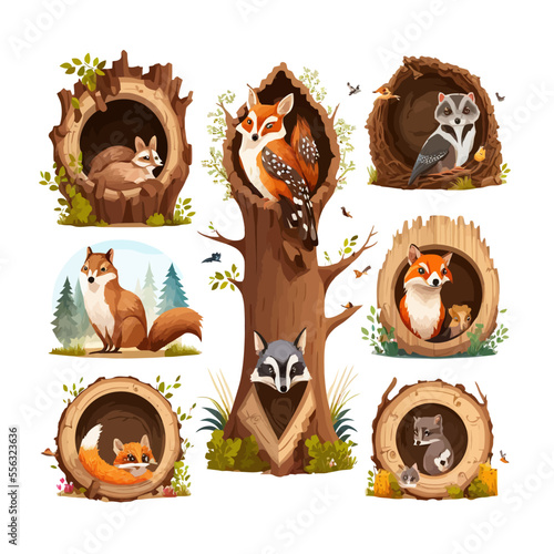 Set of animals and birds inside hollows. Isolated on background. Cartoon flat vector illustration