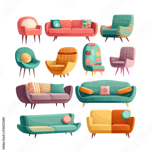 Set of trendy sofas, chairs, armchairs, ottomans, and couches with cushions in retro mid-century style. Isolated on background. Cartoon flat vector illustration