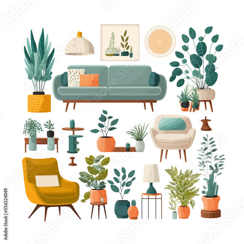 Furniture set for home living room interior. Isolated on background. Cartoon flat vector illustration