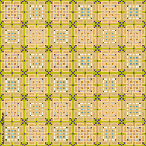 Seamless, Vector Image of Interlocking Rectangular Shapes and Crosses Forming a Repeating Pattern in Orange and Green Tones. Can Be Used in Design and Textiles
