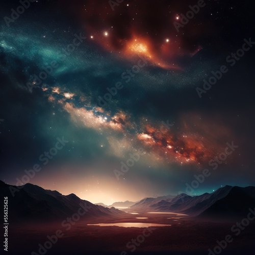 a night sky with stars and a lake in the foreground and mountains in the background with a lake in the foreground.