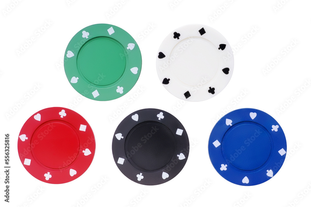Five colored poker chips set. Without labels, isolated png with transparency