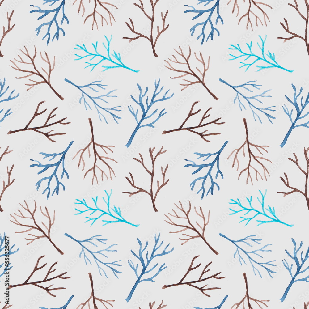 Fototapeta premium Seamless pattern of simple hand drawn watercolor blue and brown branches isolated on a white background. For winter textile design.
