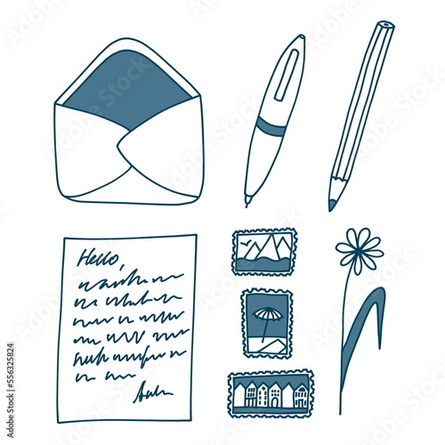 A hand-drawn illustration in simple doodle style. An open envelope, travel set post stamps, hand written letter, pen, pencil, flower isolated on a white background. For sticker and icon design.