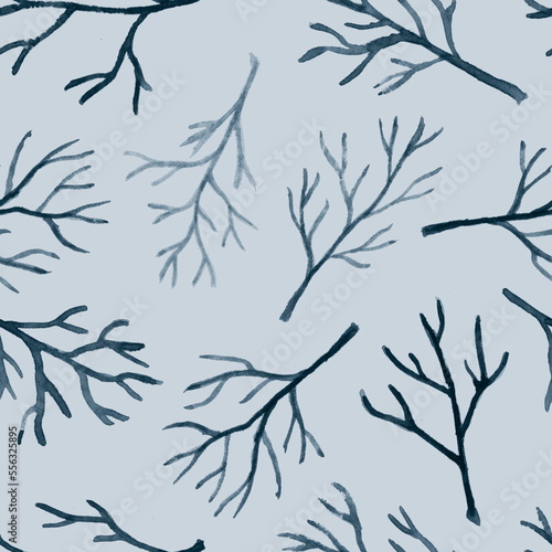 Seamless pattern of simple hand drawn watercolor light and dark blue branches isolated on a blue background. For winter textile design.