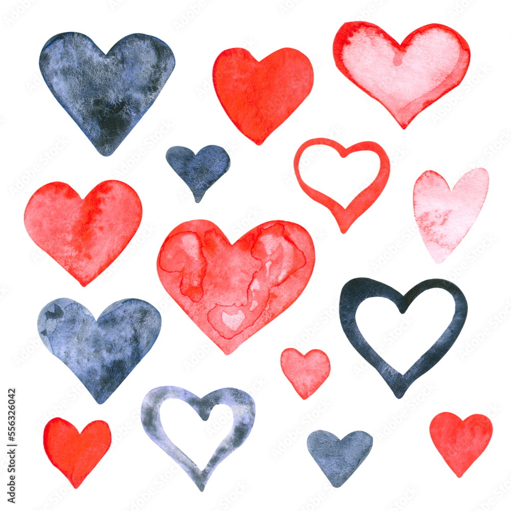 A collection of hand drawn red and blue watercolor hearts. For Valentines Day design.