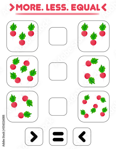 Compare the number of radishes. Write the sign more , less, equal. Teaching children. Education for kindergarten