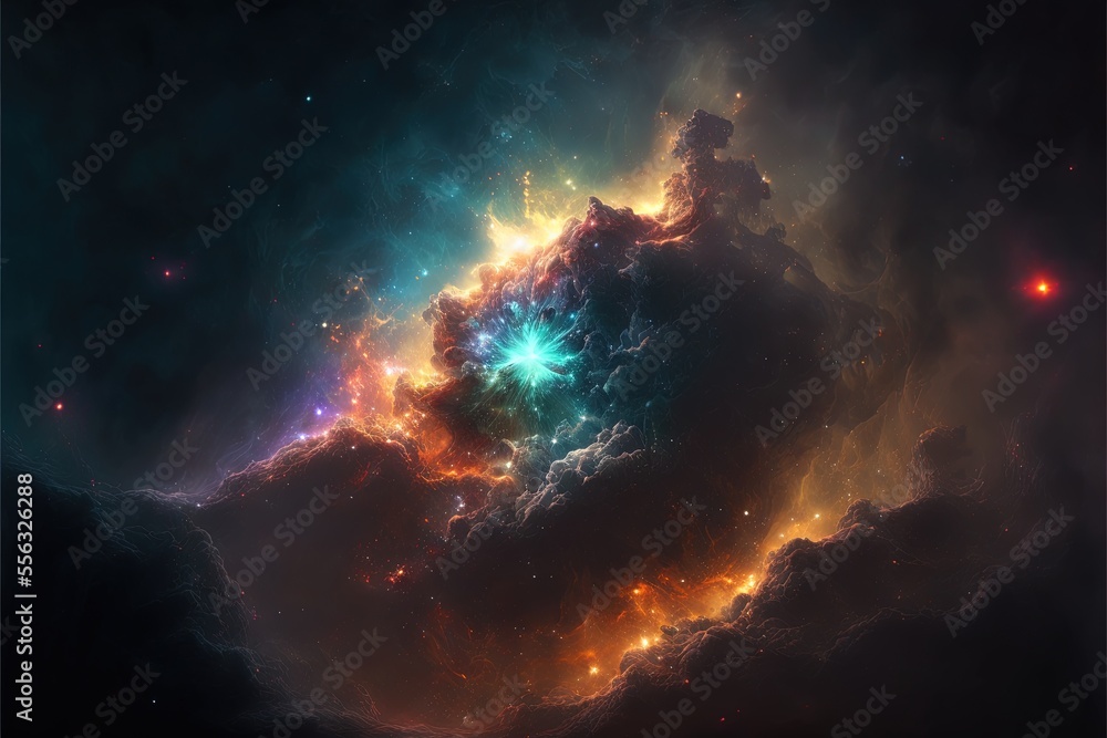 a colorful space filled with stars and clouds in the night sky with a bright green center surrounded by smaller stars.
