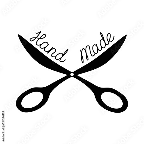 Scissors sign, Sewing logo. Drawing text by hand. Handicraft, hobby. Tailor scissors, logo design. Sewing, needlework. Vector illustration.