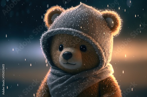 A super cute baby bear, wearing a hat, snowing background. Generative AI.