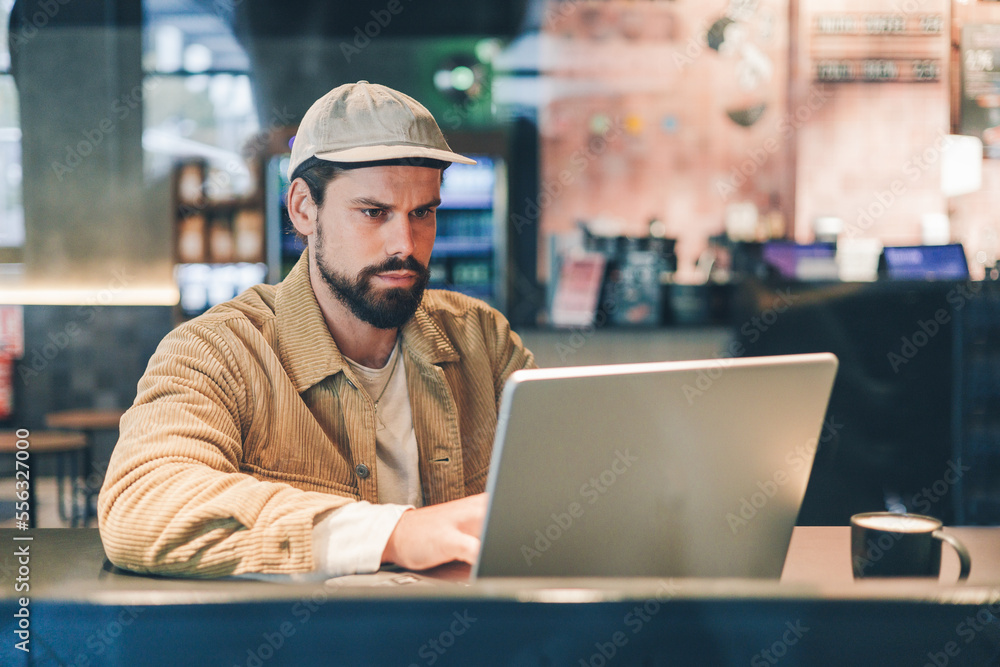 young hipster bearded man using laptop in a cafe young hipster bearded man using laptop in a cafe