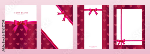 Holiday cover, frame design set. Luxury Valentine's pattern background with pink ribbon, bow. Elegant vector collection template for invite, vip card, greeting or gift card, award, packaging 