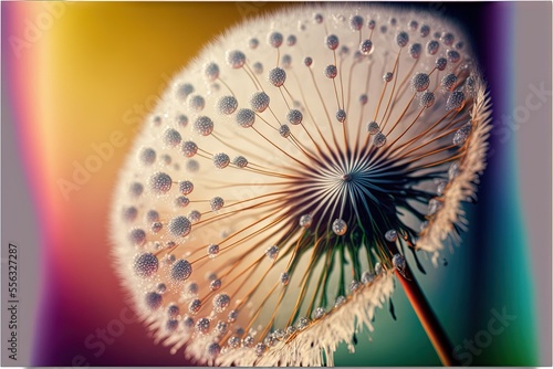 a dandelion with drops of water on it's petals is shown in this image with a multi - colored background.