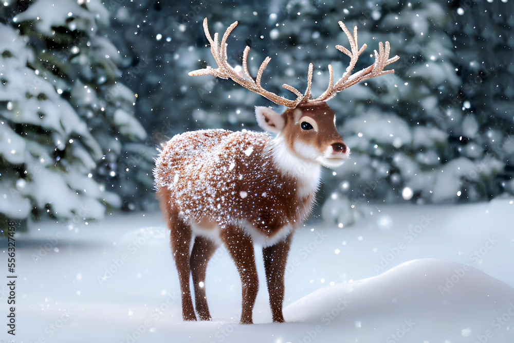 A reindeer in the snow for Christmas decoration. Generative AI. A reindeer in the snow for Christmas decoration. Generative AI.
